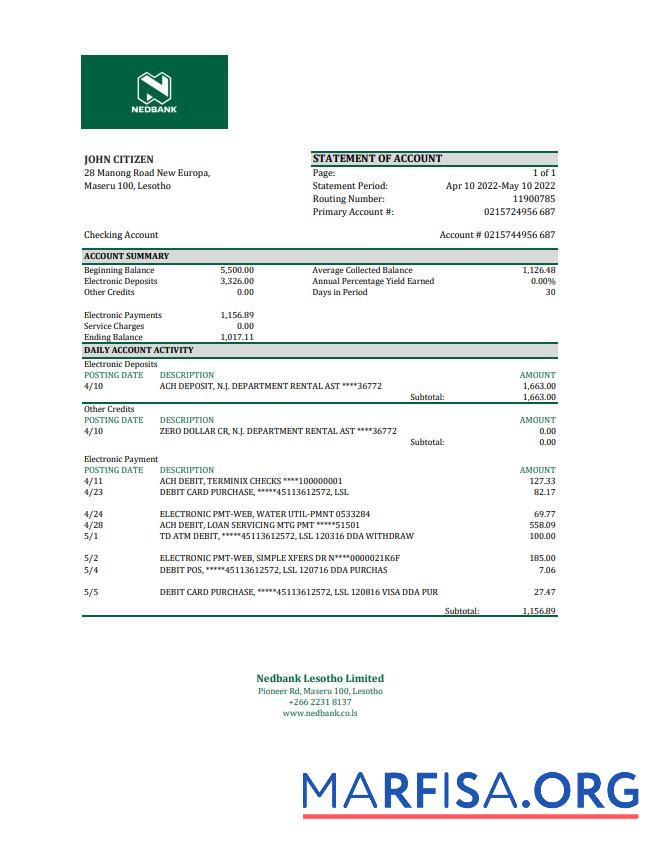 Realistic Lesotho Nedbaank statement excel download for verification